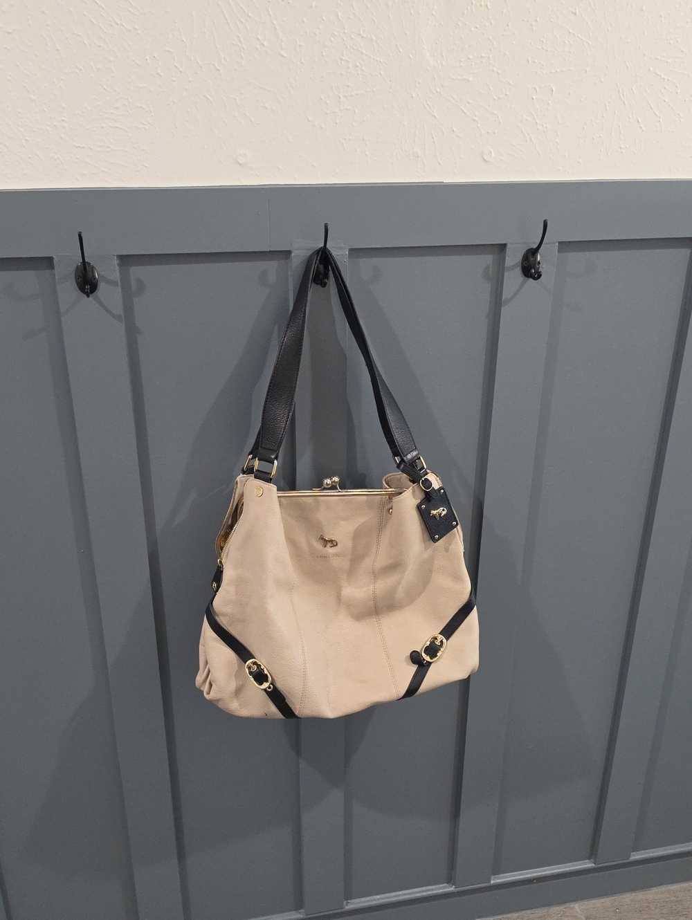 Women's Leather Beige Shoulder Bag with Black Straps